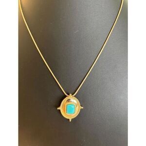 Gold Tone Pendant Necklace w/ Faux Turquoise Cabochon